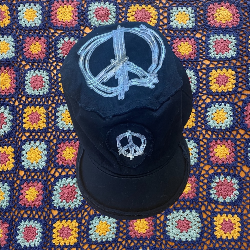 y2k army style shiny silver peace sign hat